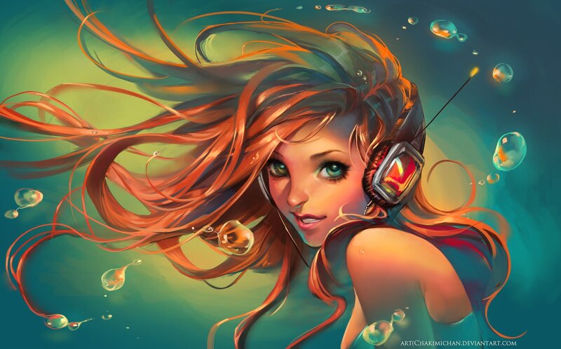 Woman with Headphones Underwater — Teal, Serene, Digital Art