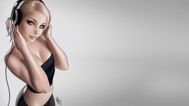 Woman with Headphones — White, Calm, Digital Art, Black Top