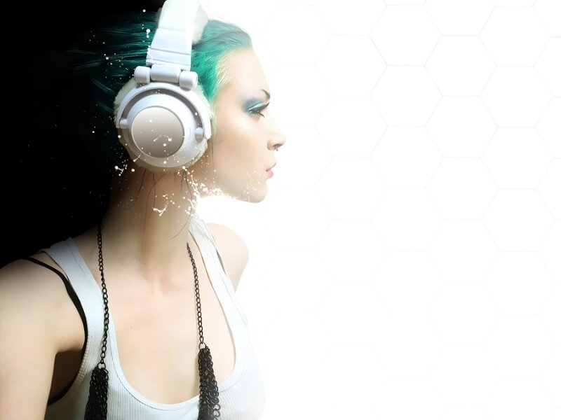 Woman with Headphones — White, Dramatic, Digital Art