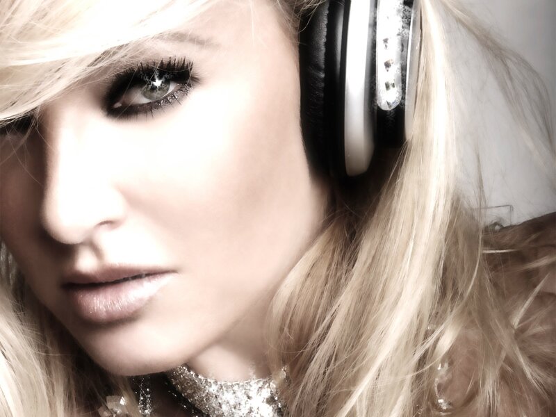 Woman with Headphones — White, Dramatic