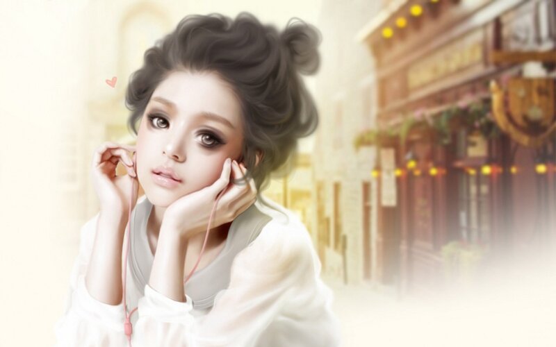 Woman with Headphones — White, Dreamy