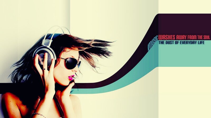 Woman with Headphones — White, Dynamic, Photograph, Sunglasses, Text