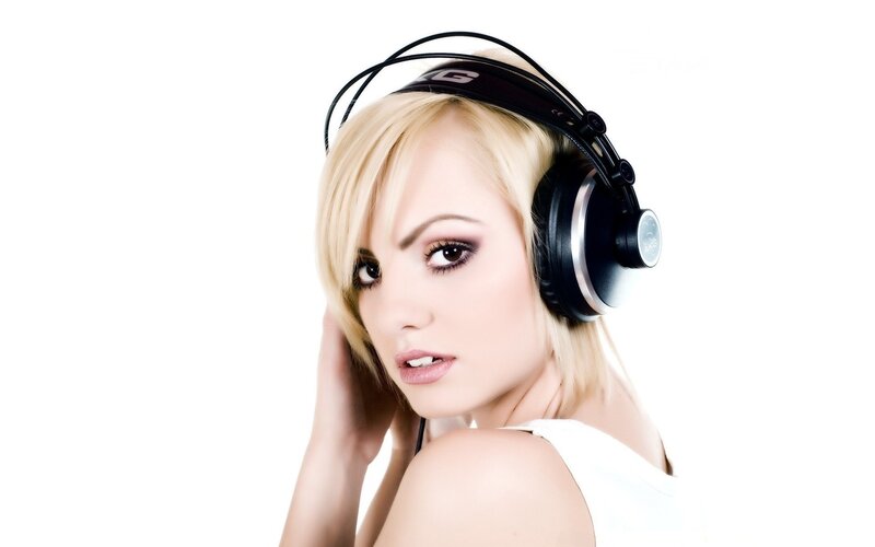 Woman with Headphones — White, Neutral