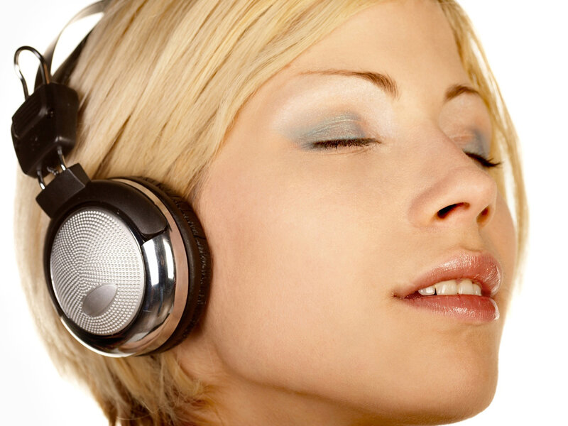 Woman with Headphones — White, Serene, Photograph