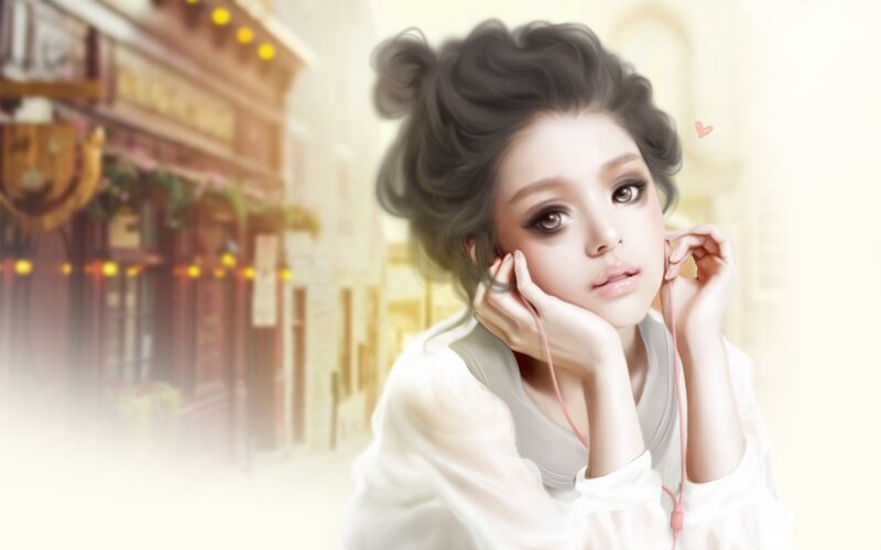 Woman with Headphones — White, Serene