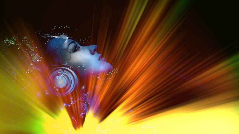 Woman with Headphones — Yellow, Dramatic, Digital Art, Light Rays