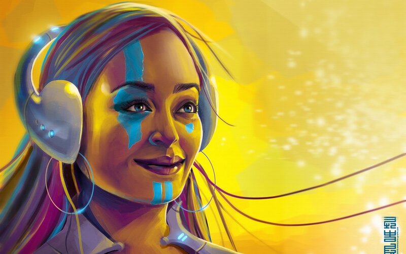 Woman with Headphones — Yellow, Vibrant