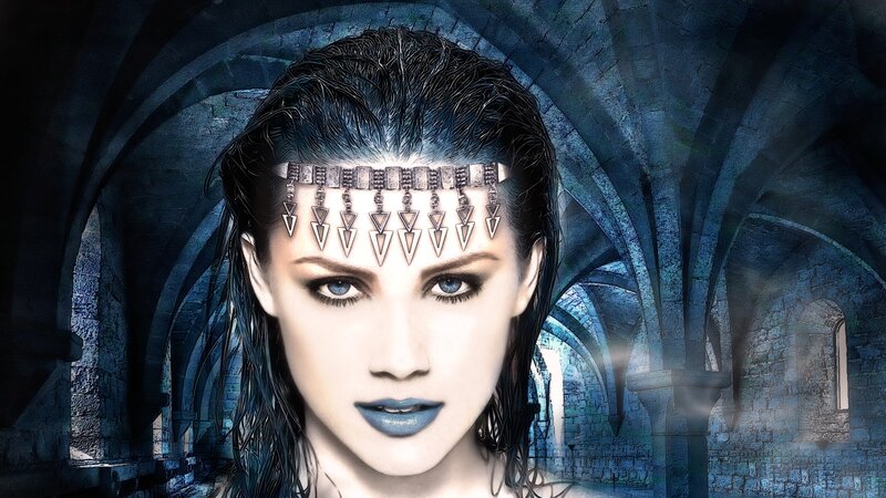 Woman with Headpiece — Blue, Dramatic, Digital Art