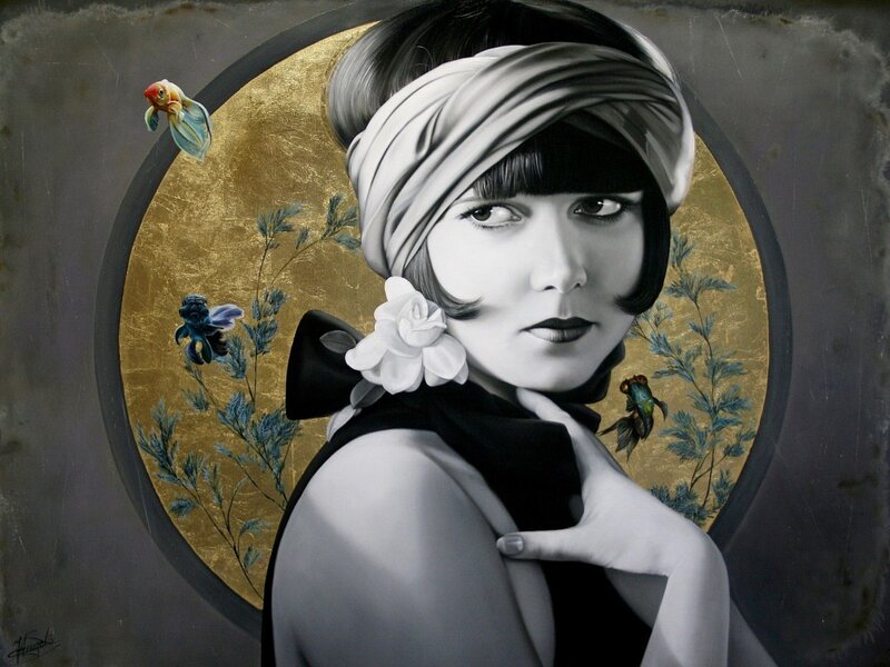 Woman with Headscarf — Black, Dramatic, Painting, Gold Circle
