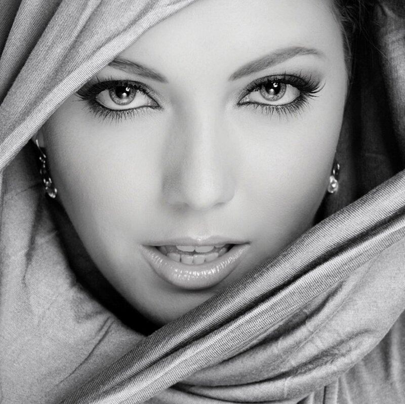 Woman with Headscarf — Black, Dramatic, Photograph, Earrings