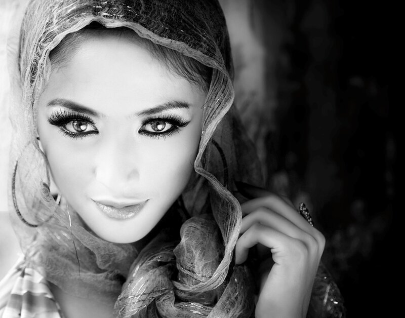 Woman with Headscarf — Black, Dramatic, Photograph, Makeup