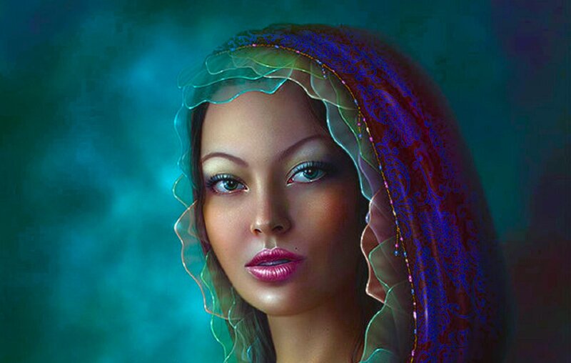 Woman with Headscarf — Blue, Dramatic, Digital Art