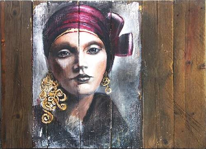 Woman with Headscarf — Brown, Dramatic, Painting