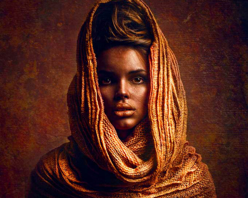Woman with Headscarf — Brown, Dramatic, Photograph
