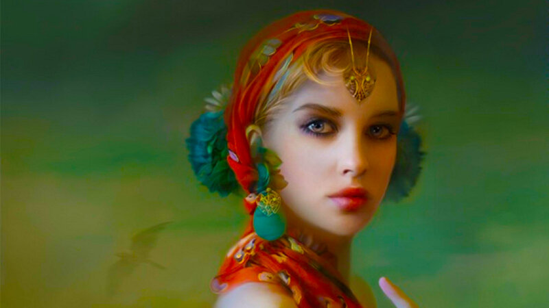 Woman with Headscarf — Green, Dramatic