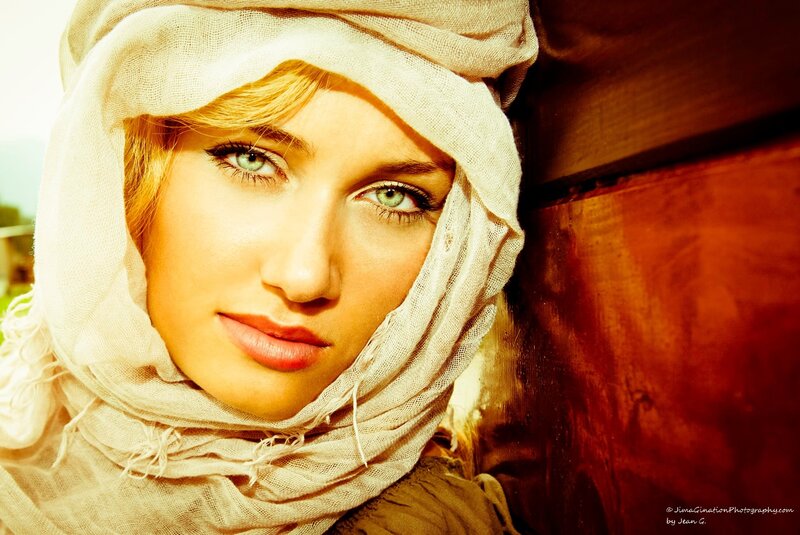 woman with headscarf in sunlight