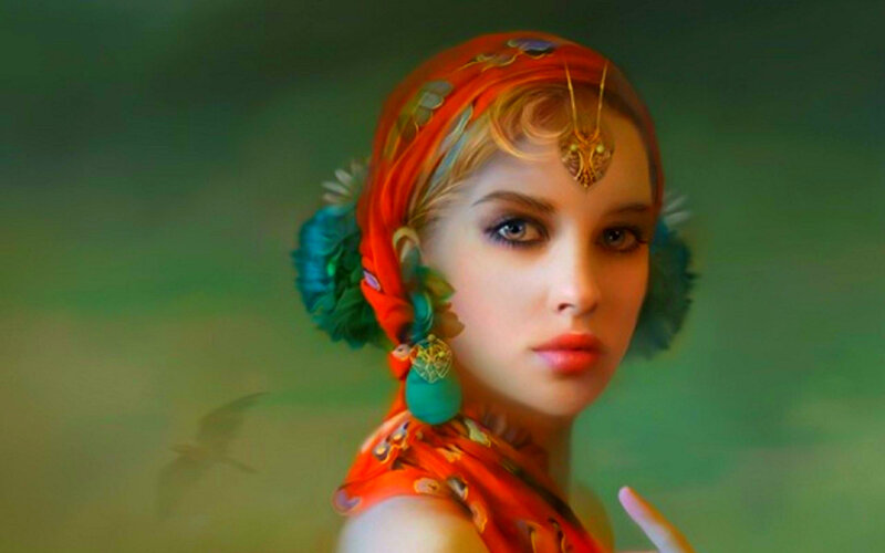 Woman with Headscarf — Red, Dramatic, Digital Art