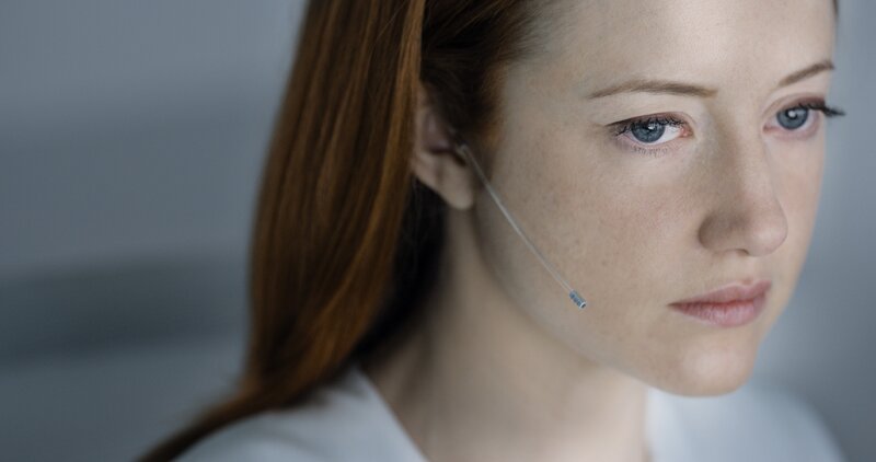 woman with headset microphone