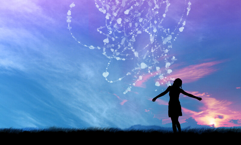 woman with hearts in sky