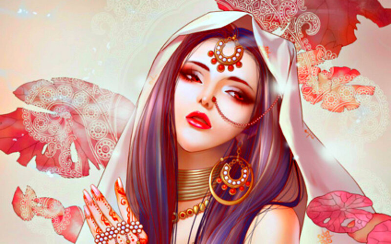 Woman with Henna Tattoos — White, Dramatic