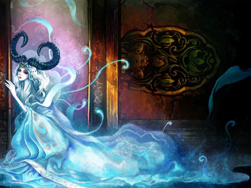 Woman with Horns and Blue Dress — Dramatic