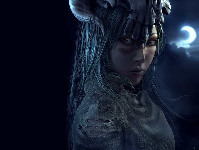 Woman with Horns and Blue Hair — Dramatic