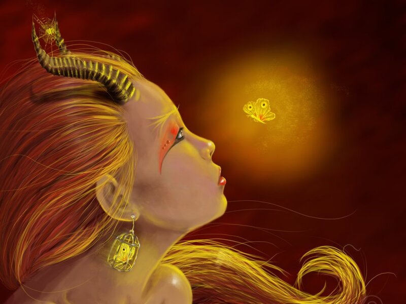 Woman with Horns and Butterfly — Red, Dramatic