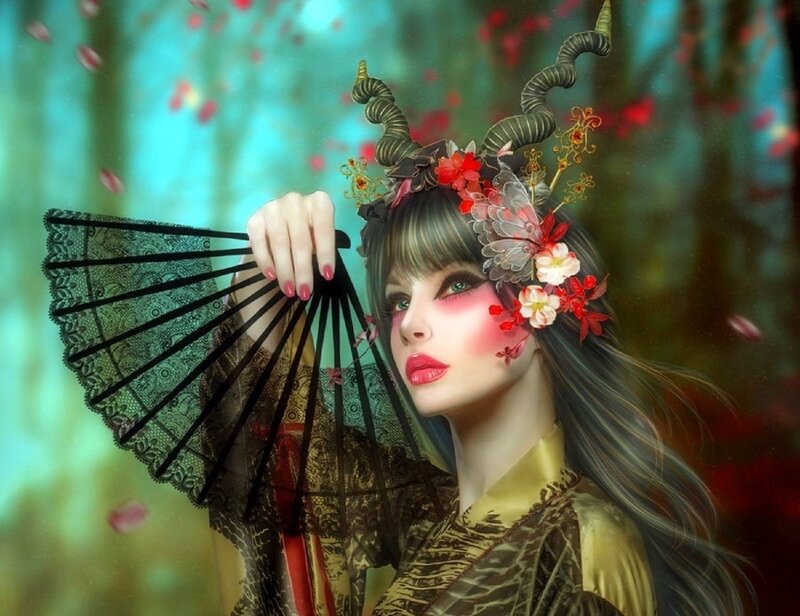 Woman with Horns and Fan — Green, Dramatic