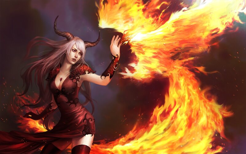 Woman with Horns and Fire — Red, Dramatic