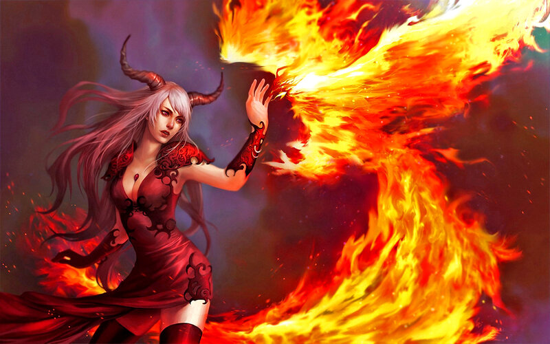 Woman with Horns and Fire — Red