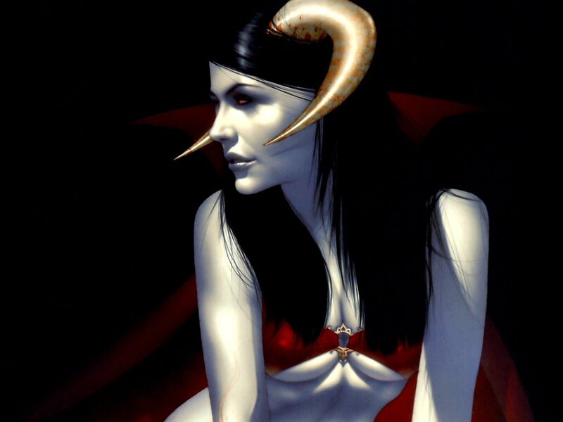 woman with horns and red eyes
