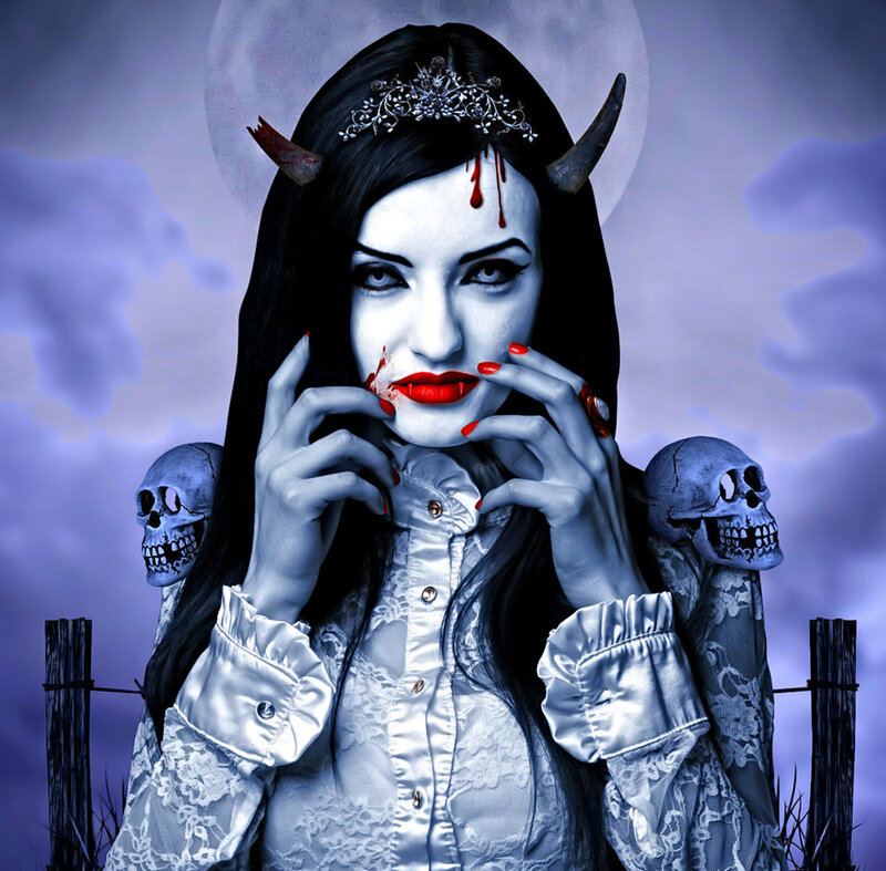 Woman with Horns and Skulls — Blue