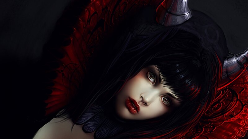 Woman with Horns and Wings — Black, Dramatic, Digital Art