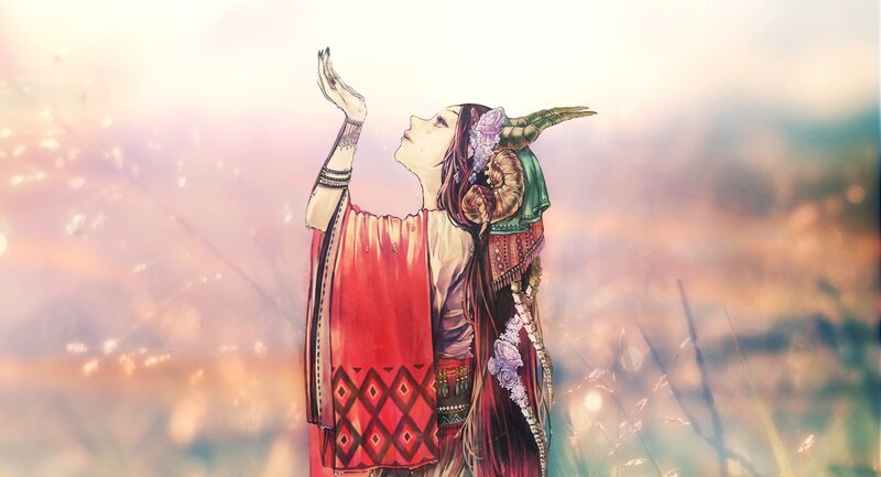 woman with horns in a field