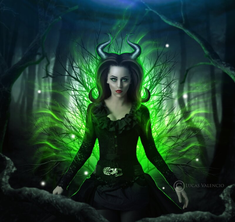 Woman with Horns in Forest — Black, Dramatic, Night