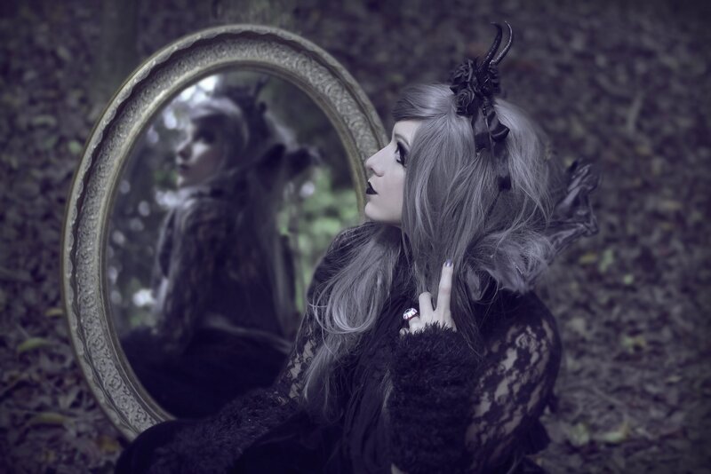 Woman with Horns in Forest — Black, Dramatic, Photograph