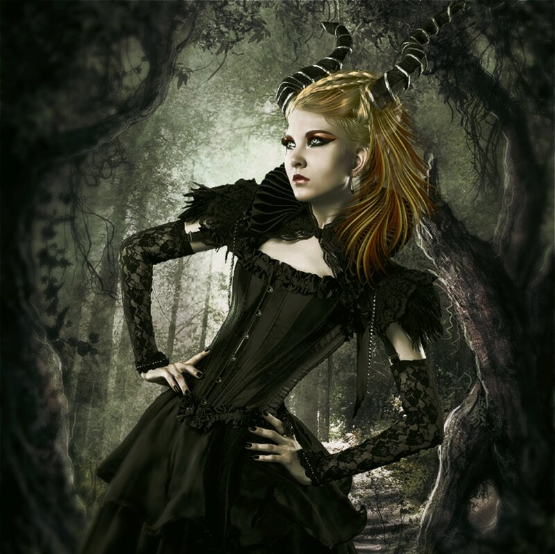 Woman with Horns in Forest — Black, Dramatic
