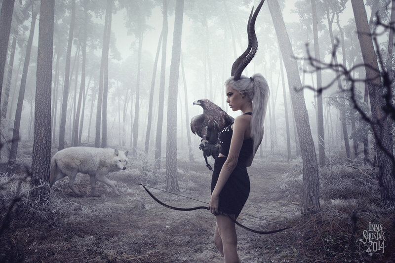 Woman with Horns in Forest — Gray