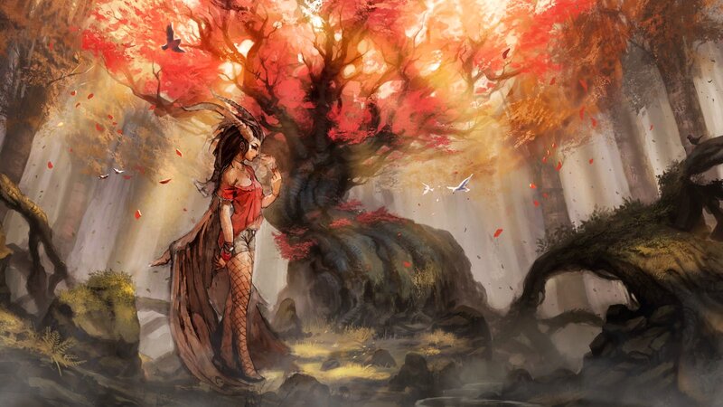 Woman with Horns in Forest — Red