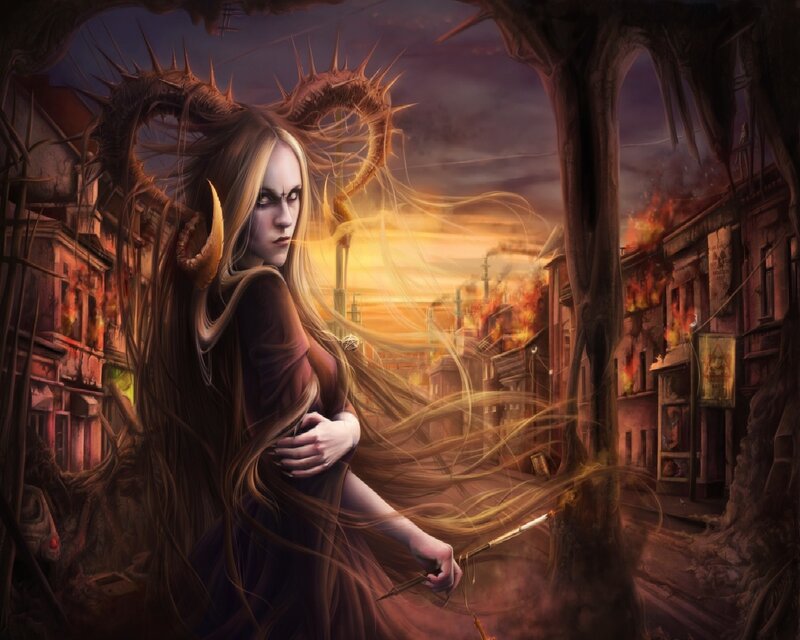 Woman with Horns in Ruins
