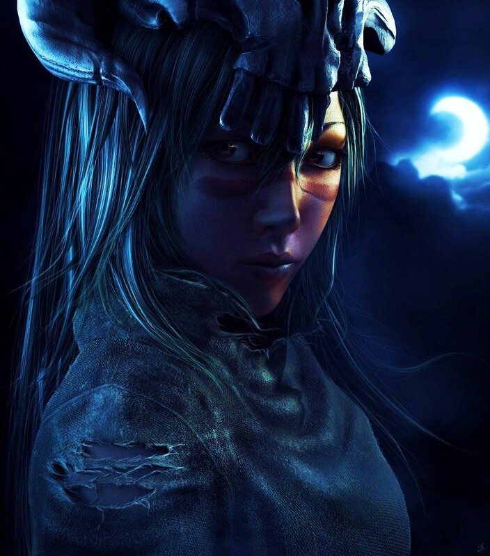 woman with horns under moonlight