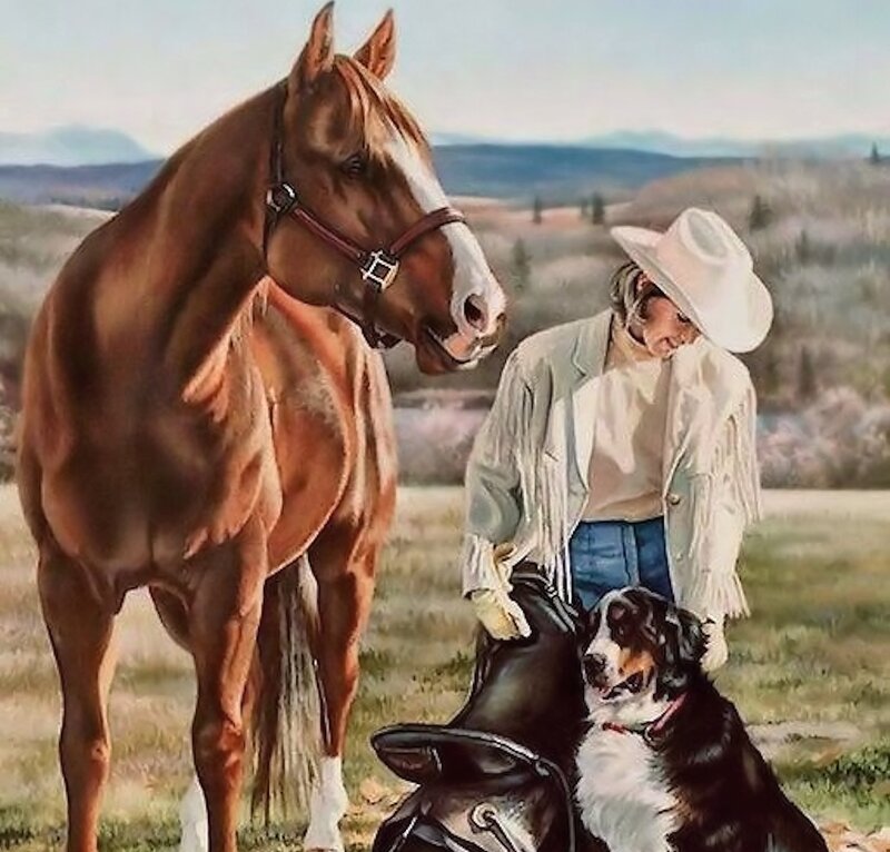 Woman with Horse and Dog — Brown, Serene, Afternoon