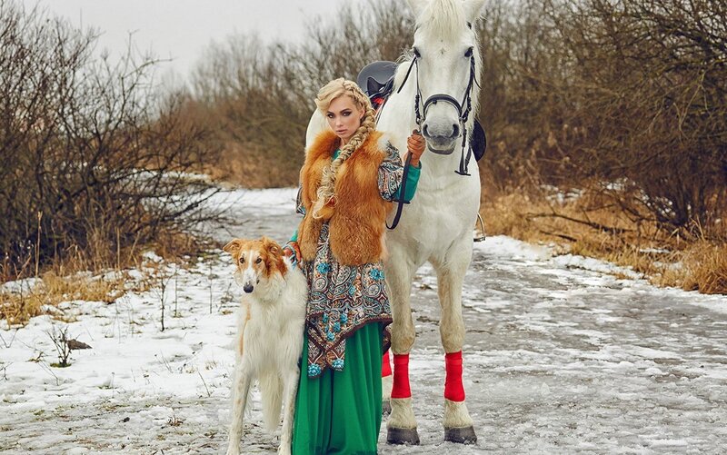 Woman with Horse and Dog — White, Dramatic