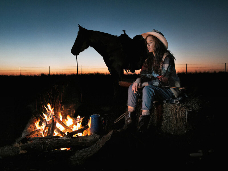 Woman with Horse at Campfire