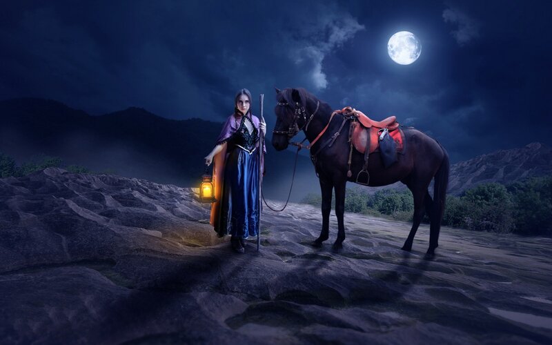 Woman with Horse at Night — Blue