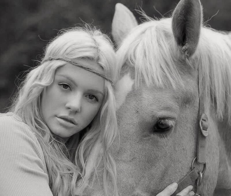 Woman with Horse — Black, Calm, Photograph, Headband