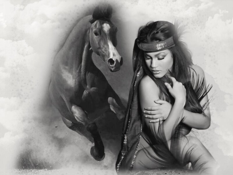 Woman with Horse — Black, Dramatic, Digital Art, Headband