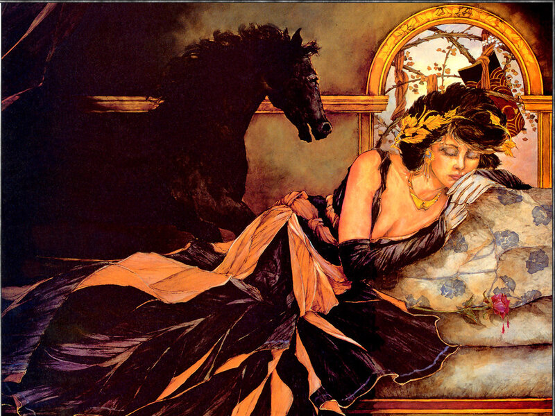Woman with Horse — Black, Dramatic, Illustration