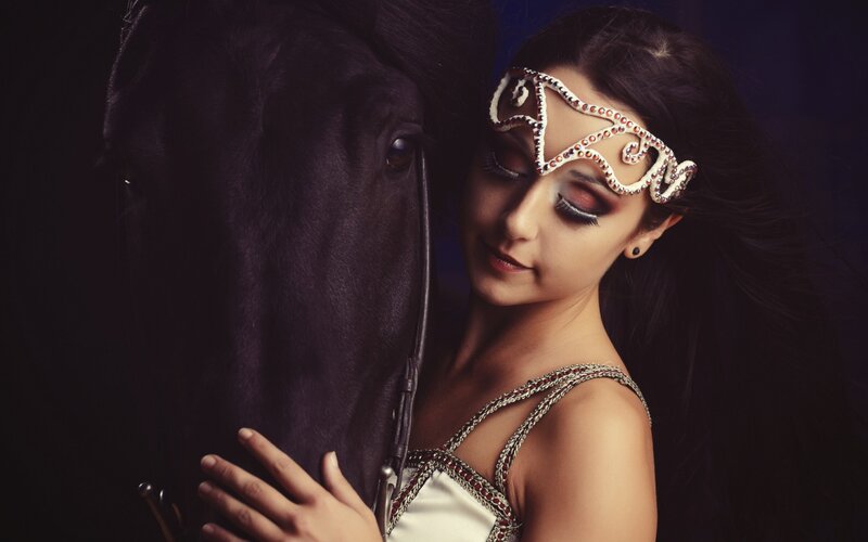 Woman with Horse — Black, Dramatic, Night, Photograph, Headpiece