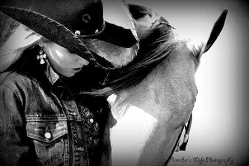 Woman with Horse — Black, Dramatic, Photograph, Cowboy Hat, Denim Jacket